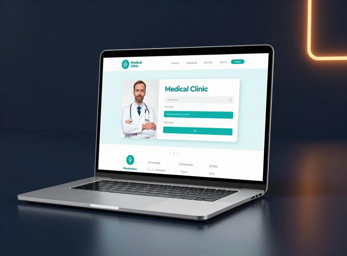 Site de clínica médica com agendamento online, exibido em um notebook